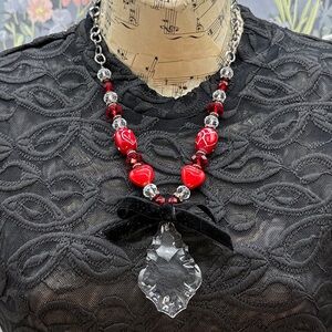 👑Adorned Crown Jewelry assemblage red heart bead crystal drop ribbon necklace